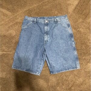 VTG Wrangler Men's Blue Denim Carpenter Jean Shorts Jorts 38x10 Distressed Y2K